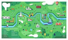 the london marathon map is shown in green and white, with illustrations of buildings on it