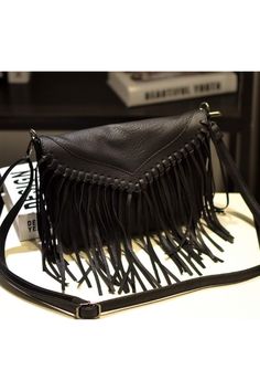 Fringe is always a yes for us! The details on this black bag are fun but still make for a great everyday look! 8x10” Western Crossbody Purse, Beg Tangan, Envelope Handbag, Leather Fringe Bag, Envelope Purse, Fringe Crossbody Bag, Flip Flops Style, Fringe Bags, Lv Bags