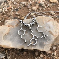 Dopamine, Serotonin, and Acetylcholine... love, happiness, and dreaming. Molecule Jewelry, Dopamine Serotonin, Brain Necklace, Witch Oc, Math Jewelry, Molecule Necklace, Scientist Gifts, Student Teacher Gifts, Science Jewelry