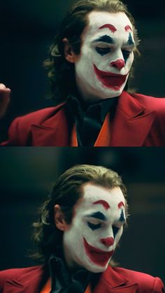 two photos of the face of a man in clown makeup