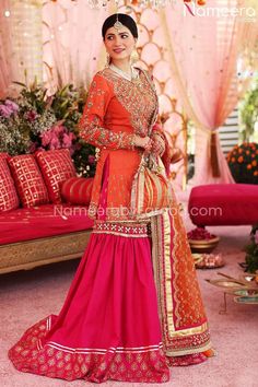 Buy Pakistani Bridal Dresses-Gharara Pakistani With Orange Kameez And Dupatta-Pakistani Bridal Wear With Sequins, Thread, Dabka, Tila, Kora, Stones Embroidery Work In USA, UK, Canada, Australia Visit Now : www.NameerabyFarooq.com or Call / Whatsapp : +1 732-910-5427 Pink Gharara, Gharara Pakistani, Silk Gharara, Bridal Gharara, Raw Silk Fabric, Pakistani Bridal Dresses, Net Dupatta, Lehenga Designs, Silk Dupatta