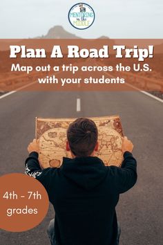 a man holding up a map with the words plan a road trip