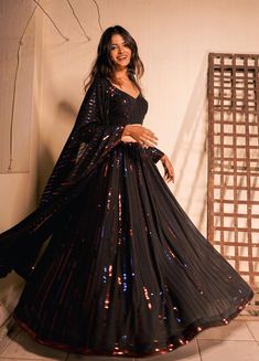 Black Lehenga Choli, Trendy Outfits Indian, Black Lehenga, Georgette Lehenga, Lehenga Fabric, Lehenga Designs Simple, Work Lehenga, Georgette Dupatta