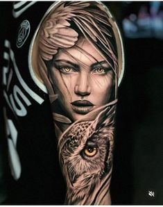 a woman with an owl on her arm is shown in this tattoo art photo shoot