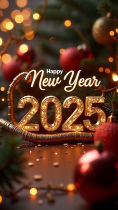 a happy new year card with christmas decorations and lights on the table in front of a tree