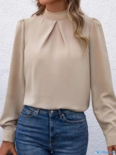 Orcajump - Solid Pleated Mock Neck Blouse, Versatile Long Sleeve Simple Blouse For Spring & Fall, Women's Clothing Mock Neck Blouse, Simple Blouse, Spring And Fall, Types Of Shirts, Mock Neck, Collar Styles, Types Of Sleeves, Going Out, Women's Clothing