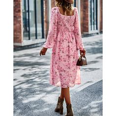 Pink Square Neck Back Pleated Chiffon Floral Dress Flowy Fall Dresses, Chiffon Floral Dress, Dress With Square Neckline, Pink Square, Floral Chiffon Dress, Sequin Midi Dress, Chiffon Floral, Pleated Chiffon, Printed Bodycon Dress