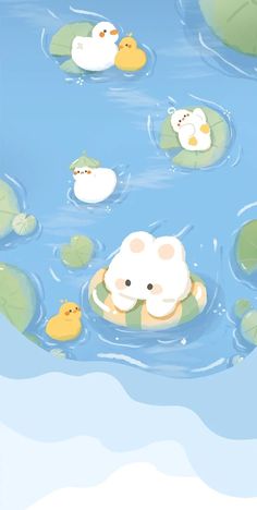 an animal floating on top of a body of water next to ducks and lily pads