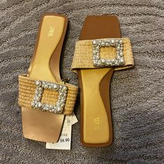 Size 38 Tan And Pearl Sandals From Zara Never Used Chic Brown Sandals For Beach Season, Beige Sandals For Party And Beach Season, Chic Brown Sandals For The Beach, Zara Gold Sandals For Beach, Chic Zara Sandals For Vacation, Elegant Brown Sandals For Beach, Beige Flat Sandals By Zara, Zara Beige Sandals For Vacation, Zara Beige Flat Sandals