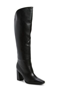 A square toe and angled shaft lend geometric intrigue to a streamlined boot done in faux leather. Side zip closure Synthetic upper, lining and sole Imported Asian & Pacific Islander Owned/Founded Leather Square Toe Knee-high Boots For Night Out, Leather Knee-high Square Toe Boots For Night Out, Square Toe Platform Boots For Formal Fall Events, Square Toe Boots With Zipper Closure, Chic Leather Mid-calf Boots, Formal Fall Platform Boots With Square Toe, Chic Tall Leather Mid-calf Boots, Formal Square Toe Platform Boots For Fall, Fitted Faux Leather Boots With Zipper