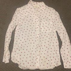 Women’s Blouse. Brand New. Never Worn. White Button Down With Red Hearts. Has A Pocket. Size Extra Small. Casual Heart Print Shirt For Spring, Long Sleeve Heart Print Shirt For Spring, Casual Fitted Blouse With Heart Print, Cute Long Sleeve Red Blouse, Cute Red Long Sleeve Blouse, Summer White Blouse With Heart Print, White Heart Print Blouse For Summer, White Casual Blouse With Heart Print, Cute White Button-up Shirt