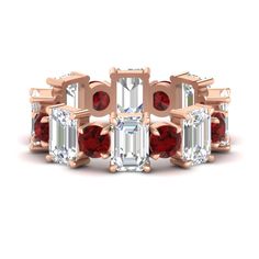 a red and white diamond ring with three emerald cut diamonds on the side, set in 18k rose gold