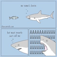 a comic strip with sharks and fish in the water, one shark has its mouth open