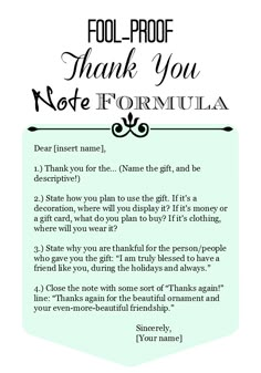 a thank note with the words fool - proof, thank you note formula