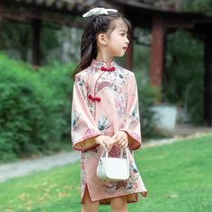 Long-Sleeved Cheongsam Chinese Style Princess Dress Cotton Stand Collar Summer Dress, Cotton Summer Dress With Stand Collar, Pink Half Sleeve Dress For Fall, Summer Pink Dress With Stand Collar, Spring Cotton Dress With Stand Collar, Princess Dress Pink, Girls Casual Dresses, Print Design Pattern, Cheongsam Dress