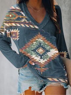 Women's Aztec Enthic Geometric Pattern V Neck Long Sleeve T-Shirt Causal T-Shirt Bohemian Long Sleeve T-shirt For Fall, Bohemian Long Sleeve T-shirt With Relaxed Fit, Bohemian V-neck Tops With Graphic Print, Bohemian Long Sleeve Fall T-shirt, Blue Long Sleeve Top With Geometric Pattern, Blue Cotton Tops With Geometric Pattern, Long Sleeve Cotton Tops With Geometric Pattern, Blue Cotton Top With Geometric Pattern, Casual Patterned Tops For Fall