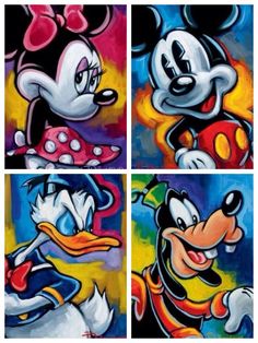 four different paintings of mickey mouse