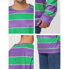 This blouse features a regular fit, a crew neckline, an elastic ribbing at the cuffs and the hem to lock in warmth. This top is made of the soft fabric that provides you with a comfortable wearing experience. Designed with a bold striped pattern, it easily matches your outfit. Perfect for casual or work wear, school uniform, home wear and outdoor activities. Purple Crew Neck Tops With Ribbed Cuffs, Purple Crew Neck Top With Ribbed Cuffs, Crew Neck Cotton Tops With Elastic Cuffs, Casual Crew Neck Top With Elastic Cuffs, Cotton Crew Neck Top With Elastic Cuffs, Crew Neck Top With Elastic Cuffs, Men's Pullover, Zipper Shorts, Striped Sweatshirts