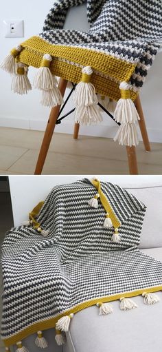 a blanket with tassels on it and an image of a chair in the background