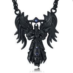 PRICES MAY VARY. Size: Pendant: 2 Inches * 1.5 Inches, Chain Length: 24 Inches，Wax Rope: 24 Inches Angel of Justice: Inspired by the MOBA competitive online game League of Legends. During the time of the Rune Wars, a giant star elf gave birth to Kyle, who inherited her mother's glory and fought for justice under the wings of holy fire. She was once the protector of Demacia, but the repeated failures of mortals eventually shattered Kyle's illusions and abandoned the kingdom altogether, and the ho Collectible Black Stainless Steel Necklace, Black Fantasy Pendant Necklace, Fantasy Black Pendant Necklace, Black Metal Jewelry For Fantasy Events, Black Metal Fantasy Necklace, Black Jewelry With Dragon Design Collectible, Collectible Black Jewelry With Dragon Design, Star Elf, Angel Dragon