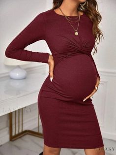 Lasaky - Round Neck Long Sleeve Knitted Maternity Dress - Slim-fit Solid Color Maternity Wear Fitted Long-sleeve Maternity Dress For Fall, Fitted Long Sleeve Maternity Dress For Fall, Fitted Winter Maternity Dress, Fitted Ribbed Maternity Dress, Ribbed Fitted Maternity Dress, Fitted Maternity Dress For Fall, Fall Maternity Stretch Dress, Satin Bridal Gowns, Off Shoulder Gown