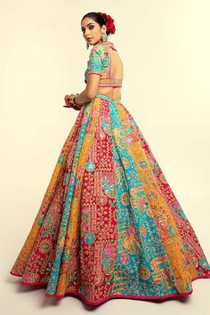 Multi color blouse with floral printed threads, sequins and lace border embroidery. Paired with coordinating lehenga and dupatta. - Aza Fashions Bollywood Style Multicolor Sets With Intricate Embroidery, Multicolor Embroidered Lehenga For Designer Wear, Designer Multicolor Lehenga With Intricate Embroidery, Designer Multicolor Embroidered Lehenga, Multicolor Designer Sets With Intricate Embroidery, Multicolor Embroidered Designer Sets, Multicolor Embroidered Lehenga With Traditional Drape, Anarkali Choli With Intricate Embroidery In Multicolor, Multicolor Embroidered Choli For Reception