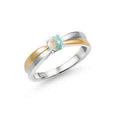 a white and yellow gold ring with an opal in the center, on a white background