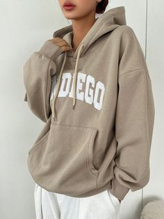 Letter Graphic Kangaroo Pocket Drop Shoulder Drawstring Hoodie Khaki Casual  Long Sleeve Fabric Letter Pullovers Slight Stretch  Women Clothing, size features are:Bust: ,Length: ,Sleeve Length: Beige Long Sleeve Hoodie With Drawstring, Women Sweatshirts, Fabric Letters, Drawstring Hoodie, 8 M, Drop Shoulder, Kangaroo Pocket, Kangaroo, Sweatshirts Women