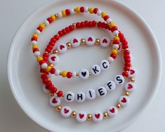 Game Day bracelets! Your choice between one, two, or all three! - - SIZING - - Every piece is made just for you! Our standard size fits a 6 inch wrist (measures 6.5 inches total length), but can be adjusted upon request. Please leave your desired size in the 'Notes' section upon checkout. Chiefs Bracelet, Team Bracelets, Football Bracelet, Game Day Football, Kansas City Chiefs Football, Chiefs Football, Kansas City Chiefs, Game Day, Sports Team