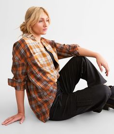 BKE Mixed Flannel Boyfriend Shirt - Brown/Orange Small, Women's Brownblue Plaid button down shirt Fraying details Bust measures 46 on size small Body length 29 1/2 on size small. Layering piece(s) and/or accessories sold separately.. 100% Cotton. Hand wash cold. Do not bleach. Dry flat. Iron low if necessary.. Measurements: Bust -Fullest part of bust with arms at sides. Waist -Circumference of natural waist: above belly button below rib cage. Hips -Standing with feet together fullest part of hip Cheap Relaxed Fit Flannel Shirt For Spring, Cheap Cotton Flannel Shirt With Button Closure, Flannel Women, Boyfriend Shirt, Perfect Jeans, Waist Circumference, Women Shirts Blouse, Rib Cage, Women's Shirts