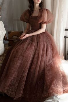 Bell Sleeves Brown Party Dress Bell Sleeved Dress, Brown Gown Aesthetic, Dresses With Square Necklines, Brown Princess Dress, Real Princess Dresses, Party Dresses Aesthetic, Brown Gown Dress, Fairy Party Aesthetic, Brown Fairy Dress