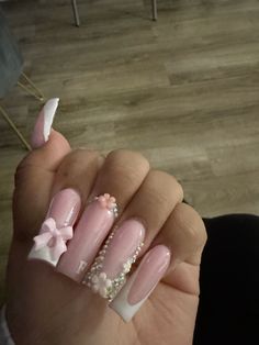 White Long Nail Designs, Pink Base Acrylic Nails, Baddie Nail Sets, Nails Acrylic Birthday Set, Long Nails Design 2024, Pink Birthday Nail Designs, Nail Designs With Charms, Pink Girly Nails, Homecoming Nails Pink