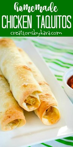 homemade chicken taquitass on a plate with salsa