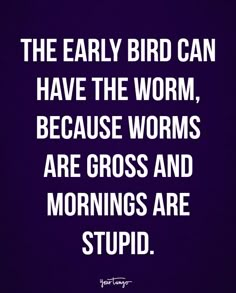 "The early bird can have the worm, because worms are gross and mornings are stupid." Funny Good Morning, Now Quotes, Quotes Arabic, Napoleon Dynamite, Funny Good Morning Quotes, 15th Quotes, Morning Quotes Funny