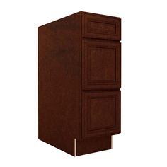 a brown cabinet with two drawers on the bottom and one drawer in the top corner