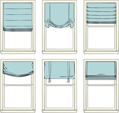 six different types of windows with blue curtains and valances on the top one is open