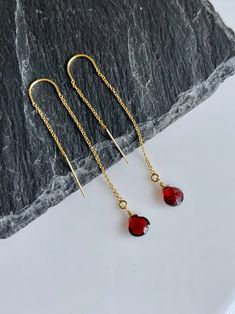 Garnet Earrings January Birthstone Red Garnet Threader | Etsy Dainty Red Dangle Jewelry, Minimalist Red Jewelry For Party, Minimalist Red Party Jewelry, Red Birthstone Earrings As Gift, Red Ruby Birthstone Earrings, Red Birthstone Earrings For Gift, Minimalist Red Round Earrings, Red Birthstone Round Earrings, Red Birthstone Jewelry For Party