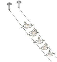 four lights are attached to the ceiling with metal rods and glass shades on each end