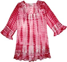 The versatile, natural design of this dress lends to the breezy and relaxed boho lifestyle and flatters every frame. A part of our boho boutique collection this dress or long tunic top is a harmonious mix of pink and merlot with crochet accents. This airy rayon tunic/dress turns a casual big-shirt silhouette into a style confection and is all about elegant construction, flattering fit and a beautiful way to wear a current trend. Let your free spirit loose in this dress that floats weightlessly o Bohemian Flowy Blouse For Beach Cover-up, Flowy Bohemian Blouse For Beach Cover-up, Bohemian Blouse With Crochet Trim For Summer, Bohemian Red Tops With Lace Trim, Red Bohemian Tops With Lace Trim, Bohemian Pink Long Sleeve Tunic, Red Tunic Blouse For Summer, Red Bohemian Tunic For Spring, Flowy Red Bohemian Blouse