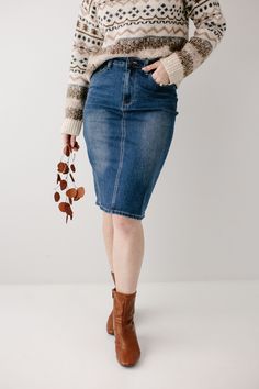 Every modest denim collection needs a classic no-fuss dark wash denim skirt! The 'Scout' denim skirt features a simple design, a modest knee-length, and working pockets for life on the go! The knit denim with belt loops ensures a flattering fit for a variety of body types. Style with a graphic tee and sneakers for an effortless vibe. Perfect for your everyday activities or traveling the world! Exclusively designed by us, for you! 85% Cotton 10% Polyester 5% Spandex Wash Cold Gentle Cycle Hang to Medium Wash Knee-length Skirt For Fall, Knee-length Medium Wash Skirt For Fall, Medium Wash Knee-length Denim Skirt For Fall, Casual Medium Wash Denim Pencil Skirt, Dark Wash Denim Skirt With Pockets For Fall, Dark Wash Knee-length Bottoms For Fall, Fall Dark Wash Denim Skirt With Pockets, Fall Workwear Skirt In Medium Wash, Dark Wash Knee-length Denim Skirt