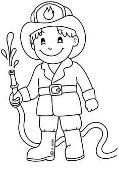 a coloring page with a fireman holding a hose