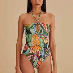 Farm Rio Banana Foliage One-Piece Swimsuit Banana Leaf Print, Beachy Summer, Banana Leaves, Leaves Print, Farm Rio, Green Orange, Green And Orange, Halter Neck, Women Swimsuits