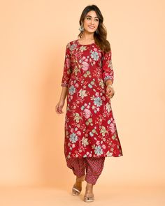 About: Introducing our sophisticated and elegant Magical Maroon Color Digital Printed Muslin Cotton Kurta & Afghani Pant with a Dupatta for Women. Made with high-quality materials, this set features a unique digital print that adds a touch of magic to your wardrobe. Perfect for any occasion, its comfortable fit and stylish design will make you stand out in the crowd. Upgrade your style game with this must-have set. Chest Size: Medium: 38 Inches Large: 40 Inches X-Large: 42 Inches XX-Large: 44 In Traditional Floral Print Festive Pants, Red Floral Print Straight Kurta Set, Red Floral Print Palazzo Set With Straight Kurta, Festive Bollywood Pant Set With Floral Print, Bollywood Style Festive Floral Print Pant Set, Bollywood Style Festive Floral Pant Set, Red Floral Print Sets For Navratri, Red Floral Print Sets For Diwali, Sequence Blouse