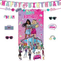 barbie birthday party decorations with happy birthday banner and stickers on the front of it