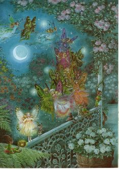 a fairy scene with tinkerbells, flowers and other things in the sky