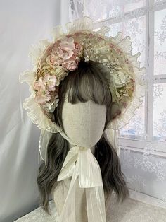 This price is for a bonnet only. Handmade Adjustable Vintage Bonnet, Vintage White Adjustable Bonnet, White Adjustable Vintage Bonnet, Vintage Spring Headband Headpiece, Adjustable Bohemian Bonnet Headband, Elegant Adjustable Pink Bonnet, Elegant Cream Bonnet For Spring, Vintage Adjustable Headpiece For Garden Party, Handmade Adjustable Headpieces For Garden Party