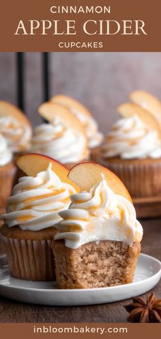 cinnamon apple cider cupcakes on a white plate