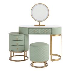 the vanity table has two stools and a round mirror on one side, along with an ottoman