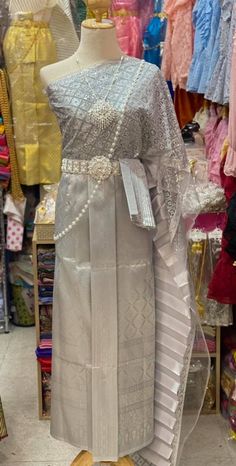 "\" This is Asian Thai-Lao traditional dress.Before place the order, kindly please contact me via convo to confirm design and size availability before\" Thank You :) This item we have 2 type size. 1. Standard size Waist 23-30\" Hip max. 37 \" 2 Plus size Waist \" up to 42\" Hip up to 46\" This is Asian traditional dress is made from synthetic silk for top and skirt waist size up to 32 inches(adjust size by hook). It is very unique and easy to wear. Women set including with 1. Lace sabai 2. Pleat White Cambodian Wedding Dress, Lao Clothing, Traditional Thai Dress, Traditional Dresses For Kids, Khmer Outfit, Laos Wedding, Laos Clothing, Cambodian Wedding Dress, Thai Silk Dresses