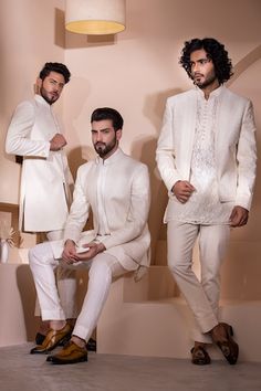 Cream sherwani featuring hand embroidery all over. Paired with a long waistcoat and a pant. - Aza Fashions Nehru Jacket With Naqshi For Reception, Straight Kurta, Nehru Jacket With Naqshi For Reception, Traditional White Suit With Zari Work, Traditional White Suits For Eid, Eid Nehru Jacket With Naqshi For Reception, Eid Reception Nehru Jacket With Naqshi Detailing, Eid Reception Nehru Jacket With Naqshi, Naqshi Sets For Reception And Festivals, Designer Resham Embroidered Bandhgala